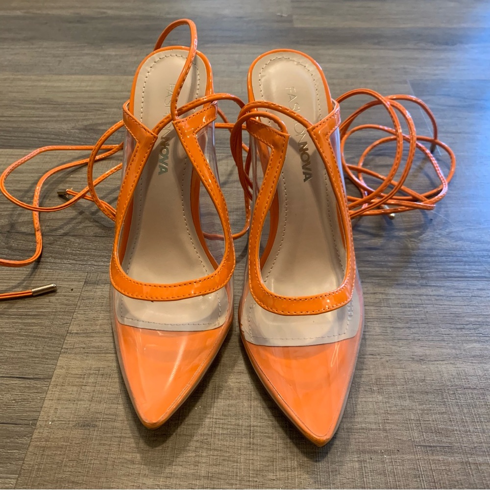 Fashion Nova Orange Patent Leather Clear Transparent Wraparound Heels